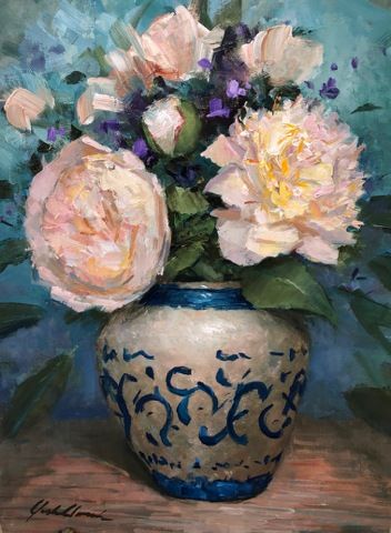 Click to view detail for Painted Vase with Peonies 12x9